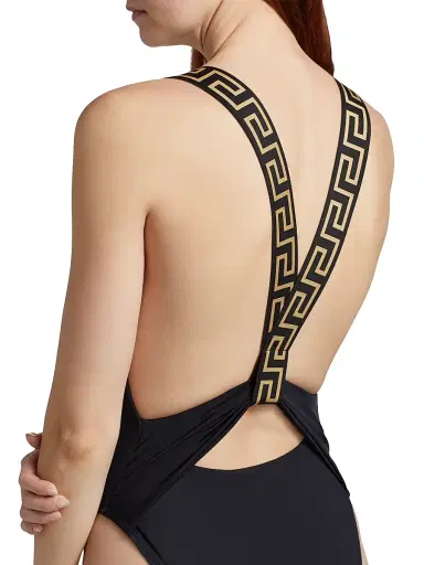 Versace Women's Greek Key Strap One-Piece Swimsuit - Black - Size Large | Thumbnail 5