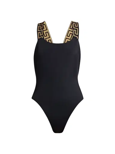 Versace Women's Greek Key Strap One-Piece Swimsuit - Black - Size Large | Thumbnail 1