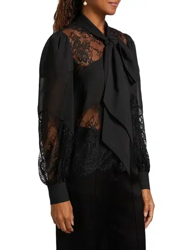 L'AGENCE Women's Emmelina Lace Tieneck Blouse - Black | Thumbnail 4