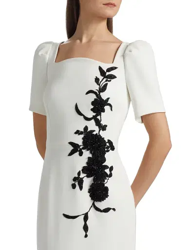 Teri Jon by Rickie Freeman Women's Floral Appliqué Gown - White Black - Size 14 | Thumbnail 6