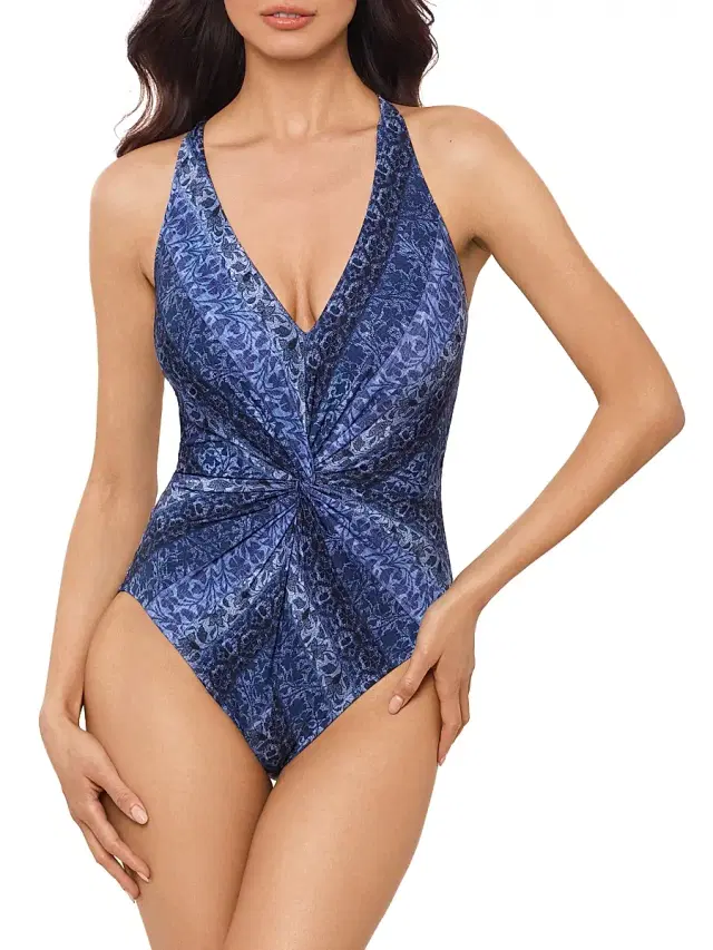 Women's Via Roma Drew Printed Twist-Front One-Piece Swimsuit - Blue Multi