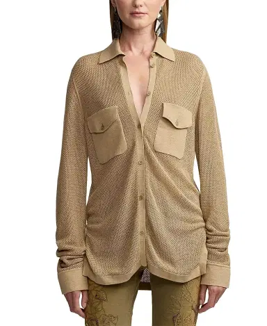Ralph Lauren Collection Women's Linen-Blend Mesh Sweater Shirt - Lux Tan | Thumbnail 3