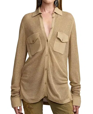 Ralph Lauren Collection Women's Linen-Blend Mesh Sweater Shirt - Lux Tan | Thumbnail 6