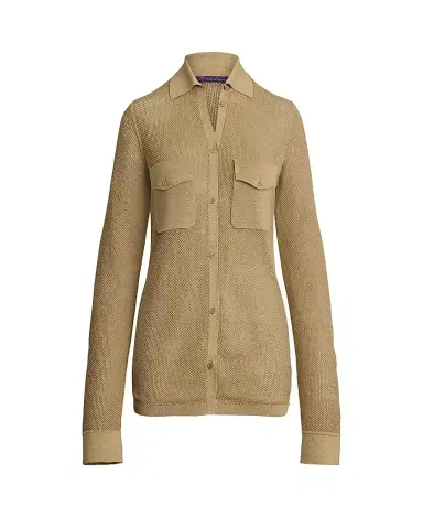 Ralph Lauren Collection Women's Linen-Blend Mesh Sweater Shirt - Lux Tan | Thumbnail 1