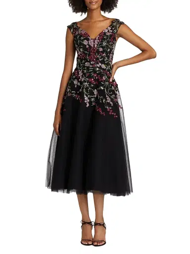 Teri Jon by Rickie Freeman Women's Embroidered Tulle Fit &Flare Midi-Dress - Black Multi | Thumbnail 3