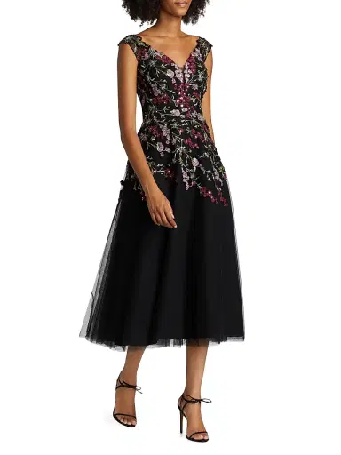 Teri Jon by Rickie Freeman Women's Embroidered Tulle Fit &Flare Midi-Dress - Black Multi | Thumbnail 4