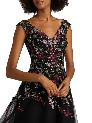 Teri Jon by Rickie Freeman Women's Embroidered Tulle Fit &Flare Midi-Dress - Black Multi | Thumbnail 6