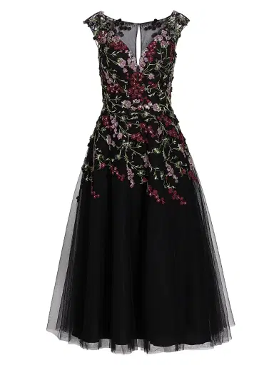 Teri Jon by Rickie Freeman Women's Embroidered Tulle Fit &Flare Midi-Dress - Black Multi | Thumbnail 1