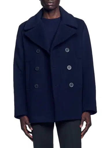 Sandro Men's Straight Fit Wool Blend Coat - Navy Blue | Thumbnail 2