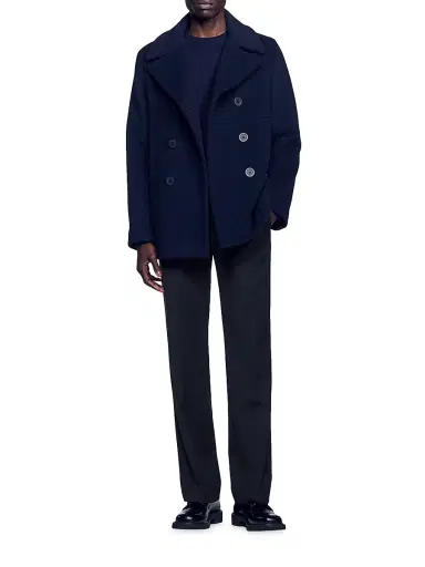 Sandro Men's Straight Fit Wool Blend Coat - Navy Blue | Thumbnail 6