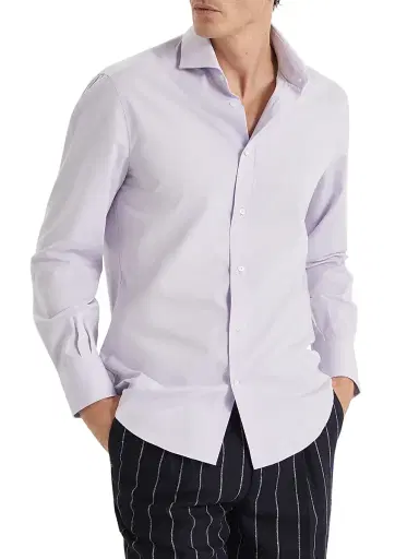 Brunello Cucinelli Men's Poplin Basic Fit Shirt with Spread Collar - Lavender | Thumbnail 2