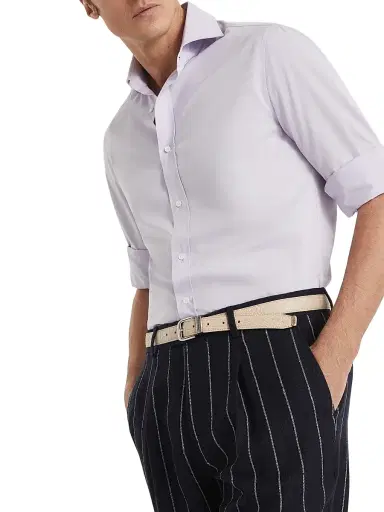 Brunello Cucinelli Men's Poplin Basic Fit Shirt with Spread Collar - Lavender | Thumbnail 5