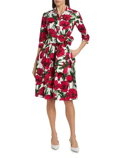 Samantha Sung Women's Poppy Stretch Cotton Shirtdress - White Pink | Thumbnail 6