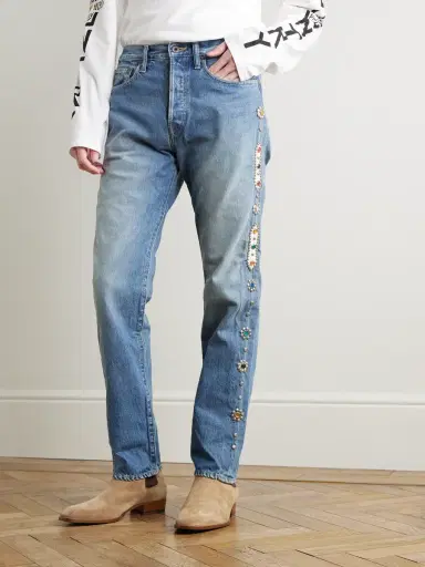 KAPITAL Monkey Cisco Straight-Leg Leather-Trimmed Embellished Jeans - Men | Thumbnail 3