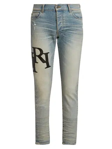 Amiri Men's Staggered Logo Skinny Jeans - Antique Indigo Black | Thumbnail 1 Amiri Men's Staggered Logo Skinny Jeans - Antique Indigo Black | Thumbnail 1