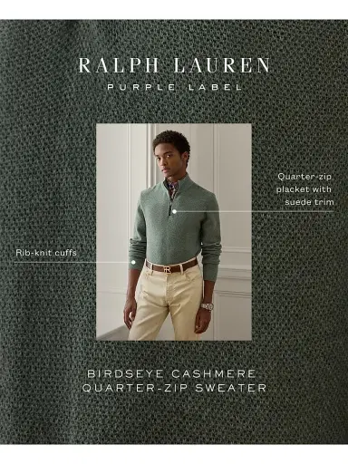Ralph Lauren Purple Label Men's Birdseye Cashmere Quarter-Zip Sweater - Sea Spray | Thumbnail 8 Ralph Lauren Purple Label Men's Birdseye Cashmere Quarter-Zip Sweater - Sea Spray | Thumbnail 8