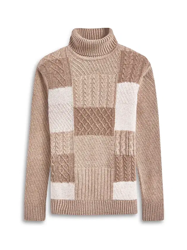 Men's Wool-Cotton Patchwork Turtleneck Sweater - Stone