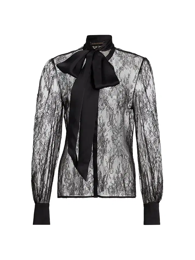 Women's Lace Tie-Neck Blouse - Black