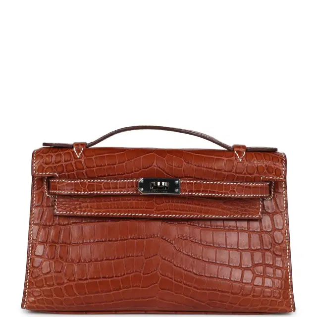 hermes Pre-owned Hermes Kelly Pochette Fauve Matte Niloticus Crocodile Ruthenium Hardware