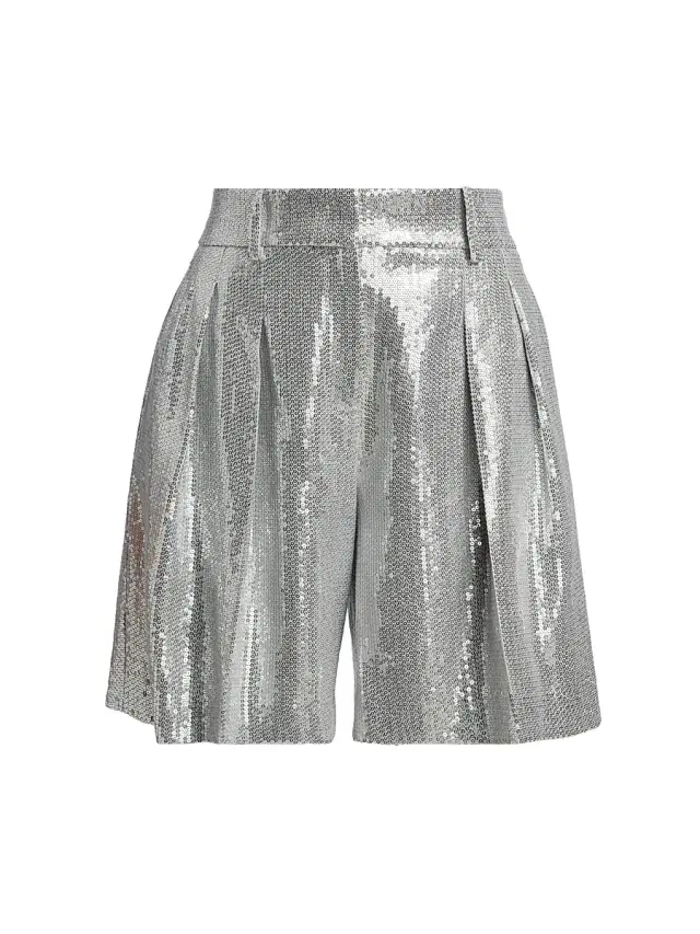 Women's Sequined Pleated Shorts - Pearl Silver