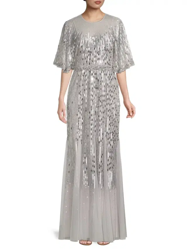 Women's Beaded Caped Gown - Silver Women's Beaded Caped Gown - Silver