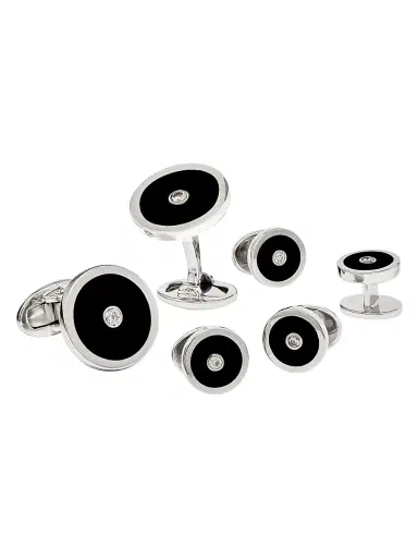 Jan Leslie Men's Round Sterling Silver, Black Onyx & 0.50 TCW Diamond Cufflinks & Tuxedo Stud Set - Black | Thumbnail 1 Jan Leslie Men's Round Sterling Silver, Black Onyx & 0.50 TCW Diamond Cufflinks & Tuxedo Stud Set - Black | Thumbnail 1