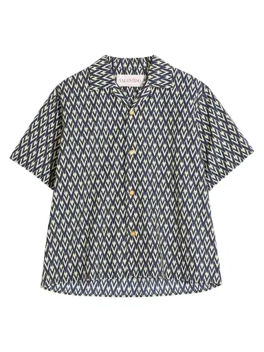 Valentino Garavani Men's Cotton Popeline Bowling Shirt with Toute La V Print | Thumbnail 1