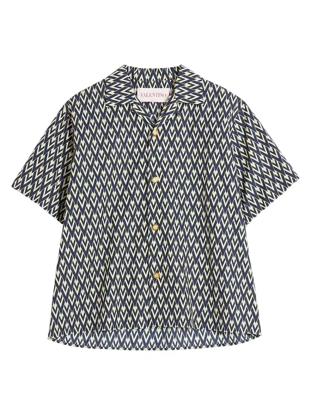 Men's Cotton Popeline Bowling Shirt with Toute La V Print - Navy Cream