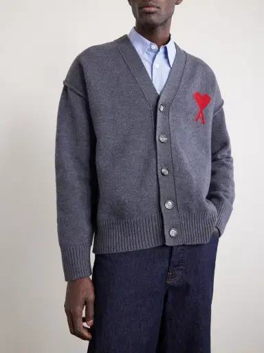 AMI PARIS Logo-Intarsia Merino Wool Cardigan - Men | Thumbnail 3 AMI PARIS Logo-Intarsia Merino Wool Cardigan - Men | Thumbnail 3