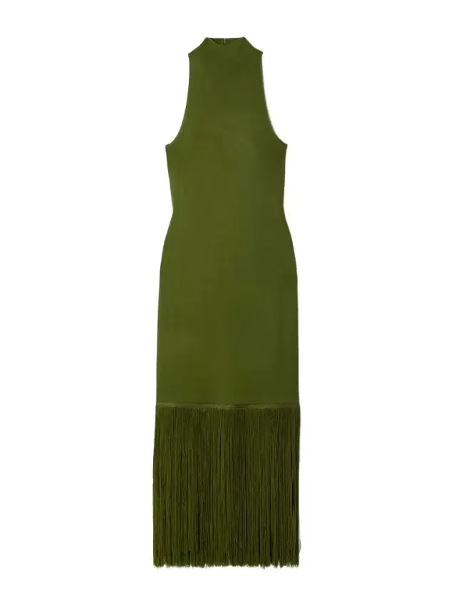 Cash Fringed Stretch-knit Turtleneck Midi Dress