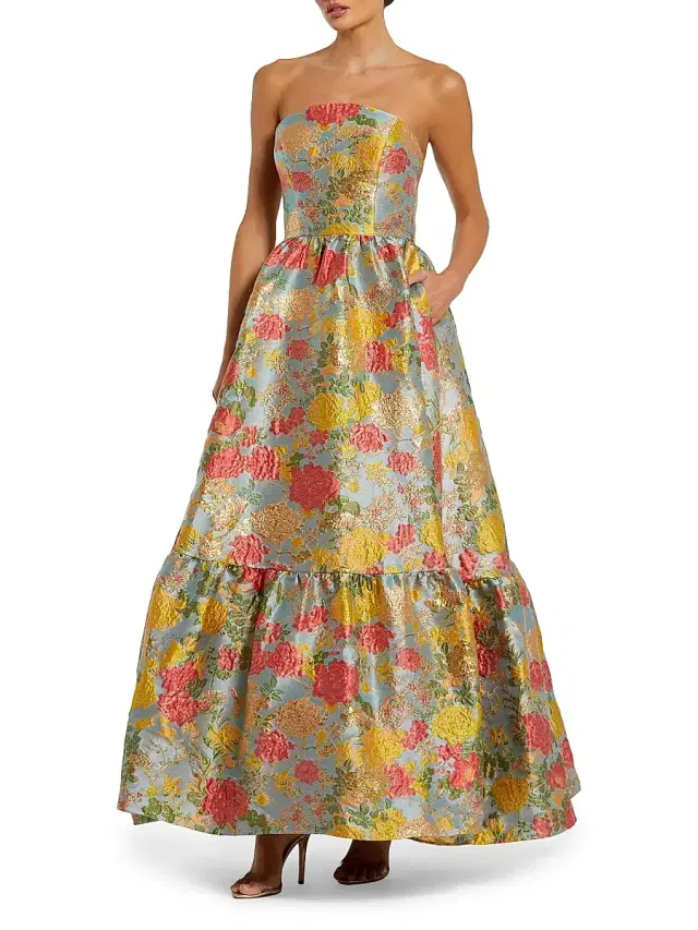 Mac Duggal Women's Floral Brocade Ruffle-Hem Strapless Gown - Turquoise Mutli
