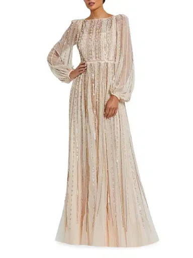 Mac Duggal Women's Striped Beaded Chiffon Boatneck Gown - Peach | Thumbnail 1