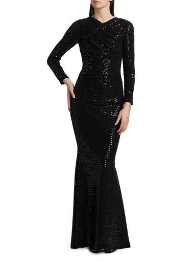 Talbot Runhof Women's Foil Jersey Long-Sleeve Gown - Black | Thumbnail 3 Talbot Runhof Women's Foil Jersey Long-Sleeve Gown - Black | Thumbnail 3