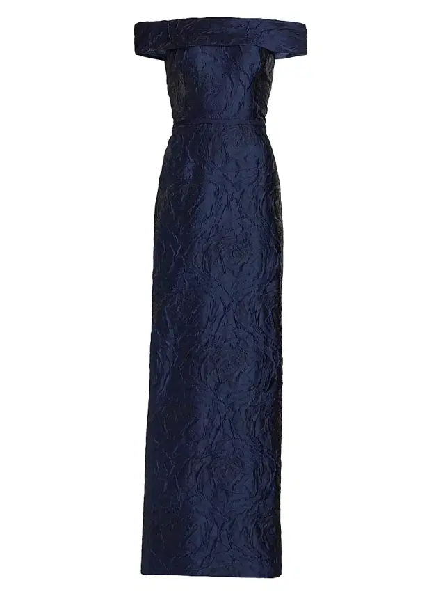 Teri Jon by Rickie Freeman Women's Jacquard Off-The-Shoulder Gown - Navy