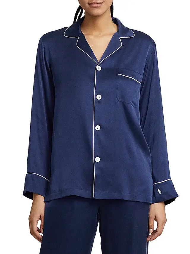 Polo Ralph Lauren Women's Heritage Silk Laurel 2-Piece Stretch Silk Pajama Set - Navy