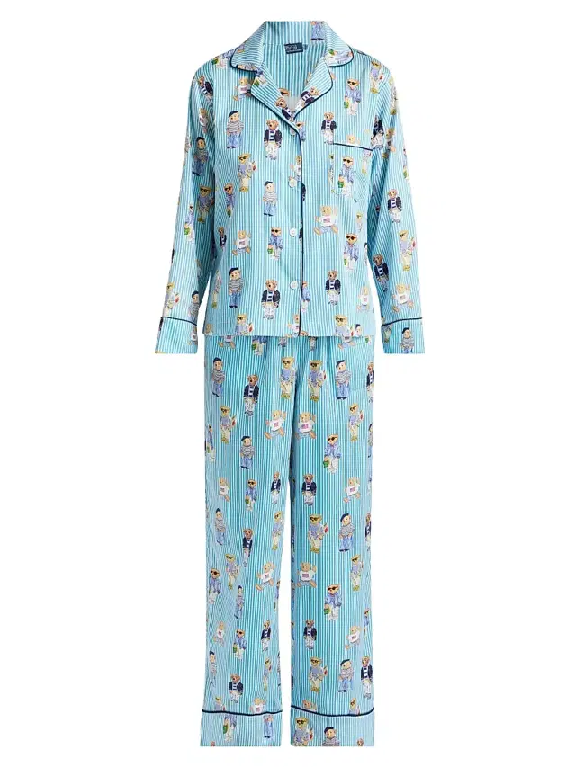 Polo Ralph Lauren Women's Madison Teddy Bear Stripe Pajama Set - Aqua Mist