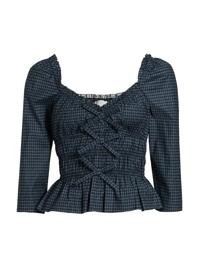 Reformation Women's Lauryn Gingham Peplum Top - Dark Slate Check