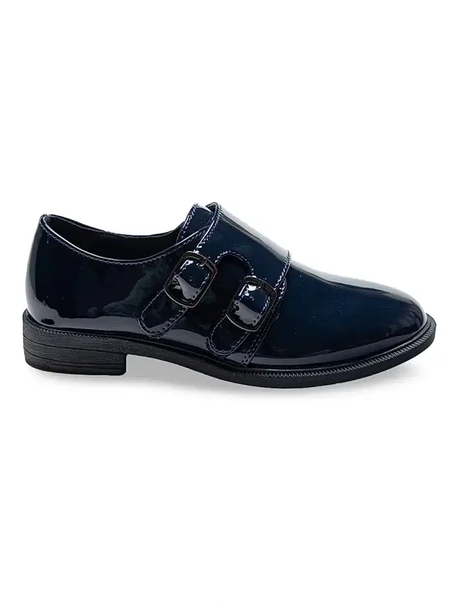 Moustache Faux Patent Leather Double Monk Strap Dress Shoes - Navy 5 (Child)