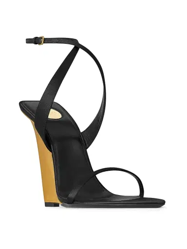 Saint Laurent Women's Salom Wedges in Satin Crepe and Metallic Leather - Black And Sun Gold | Thumbnail 2 Saint Laurent Women's Salom Wedges in Satin Crepe and Metallic Leather - Black And Sun Gold | Thumbnail 2