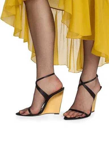 Saint Laurent Women's Salom Wedges in Satin Crepe and Metallic Leather - Black And Sun Gold | Thumbnail 4 Saint Laurent Women's Salom Wedges in Satin Crepe and Metallic Leather - Black And Sun Gold | Thumbnail 4