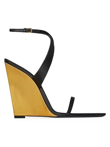 Saint Laurent Women's Salom Wedges in Satin Crepe and Metallic Leather - Black And Sun Gold | Thumbnail 1 Saint Laurent Women's Salom Wedges in Satin Crepe and Metallic Leather - Black And Sun Gold | Thumbnail 1