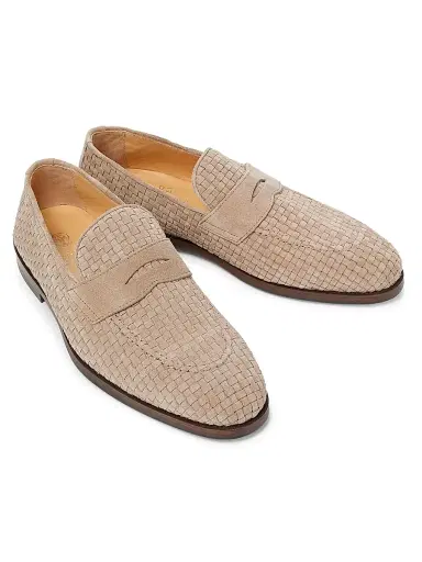 Brunello Cucinelli Men's Woven Suede Penny Loafers - Beige | Thumbnail 4 Brunello Cucinelli Men's Woven Suede Penny Loafers - Beige | Thumbnail 4