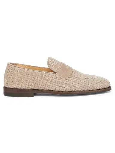 Brunello Cucinelli Men's Woven Suede Penny Loafers - Beige | Thumbnail 1 Brunello Cucinelli Men's Woven Suede Penny Loafers - Beige | Thumbnail 1