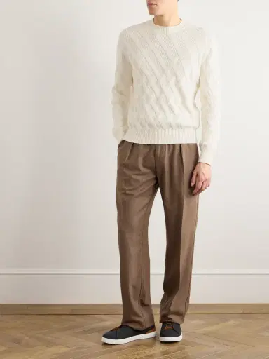 Zegna Logo-Appliquéd Leather-Trimmed Basketweave Cotton Sweater - Men | Thumbnail 2 Zegna Logo-Appliquéd Leather-Trimmed Basketweave Cotton Sweater - Men | Thumbnail 2