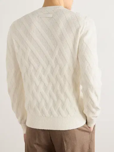 Zegna Logo-Appliquéd Leather-Trimmed Basketweave Cotton Sweater - Men | Thumbnail 3 Zegna Logo-Appliquéd Leather-Trimmed Basketweave Cotton Sweater - Men | Thumbnail 3