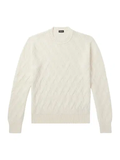 Zegna Logo-Appliquéd Leather-Trimmed Basketweave Cotton Sweater - Men | Thumbnail 1 Zegna Logo-Appliquéd Leather-Trimmed Basketweave Cotton Sweater - Men | Thumbnail 1