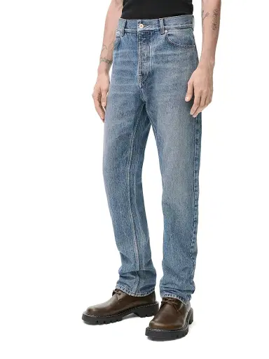 LOEWE Men's Leather Patch Straight-Leg Jeans - Blue | Thumbnail 3