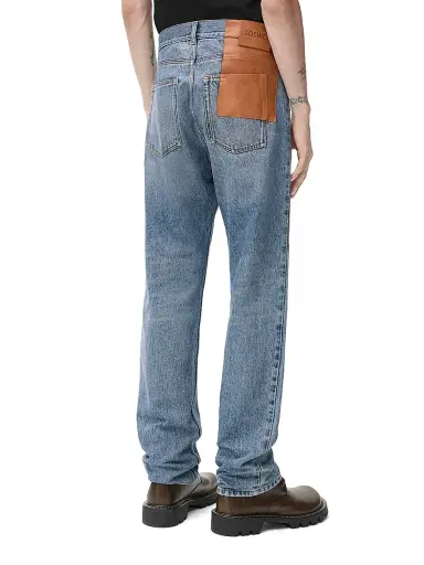 LOEWE Men's Leather Patch Straight-Leg Jeans - Blue | Thumbnail 4