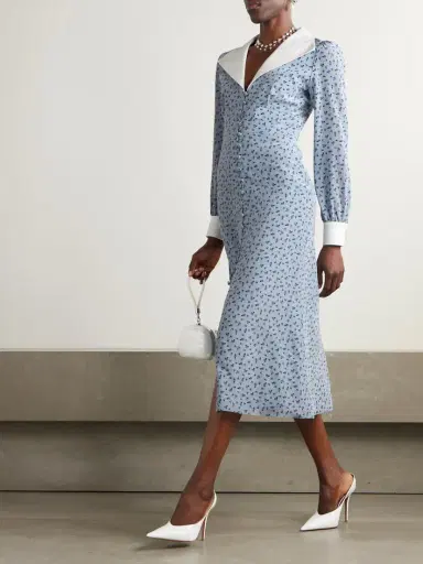 Alessandra Rich Mikado-trimmed Floral-print Silk-crepe De Chine Midi Shirt Dress | Thumbnail 2 Alessandra Rich Mikado-trimmed Floral-print Silk-crepe De Chine Midi Shirt Dress | Thumbnail 2