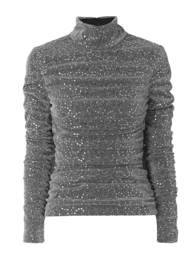 Ruched Sequin-embellished Lurex Turtleneck Blouse
